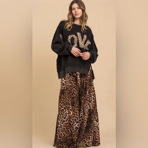 LEOPARD PRINT SIDE TIERED WIDELEG RUFFLE PANTS RELAXED